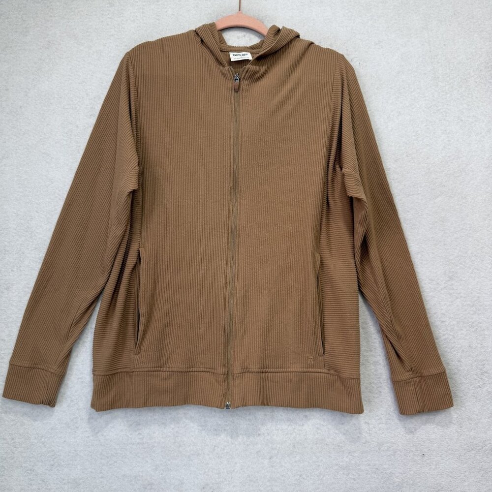 Tommy John Hoodie Mens Large Brown Full Zip Ribbed Knit Stretch Lounge